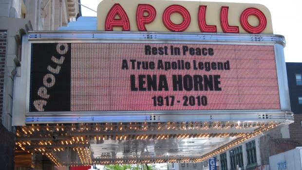 Lena Horne, another Apollo legend, passed away on Sunday, May 9. The Apollo's marquee commemorates her.